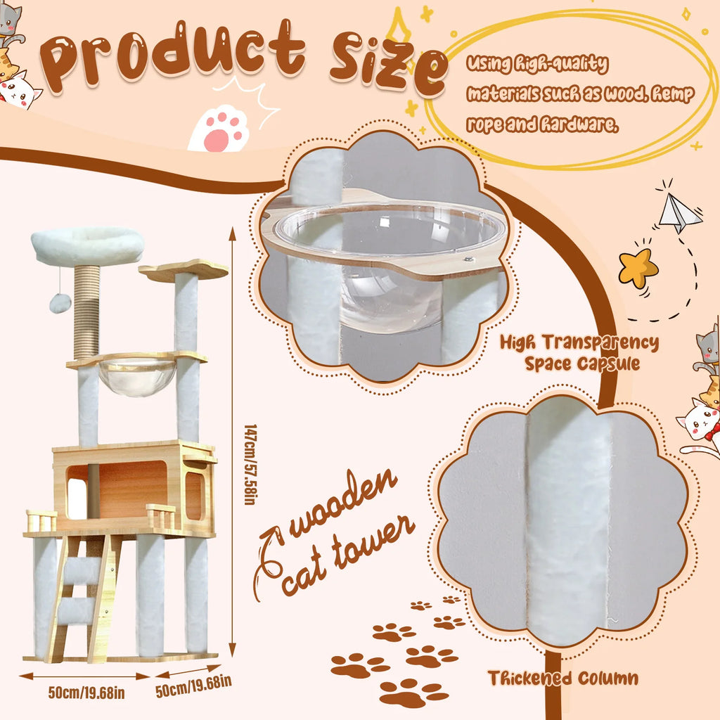 57.8 Inch Cat Tree Tower With Perch Condo and Scratch Posts