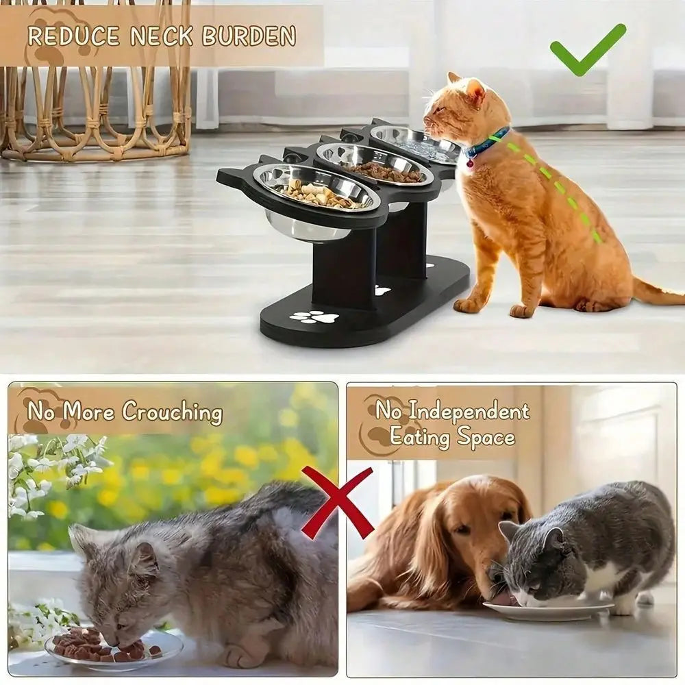 Tilted Elevated 3 Part Cat Bowl Stand With Stainless Steel Bowls