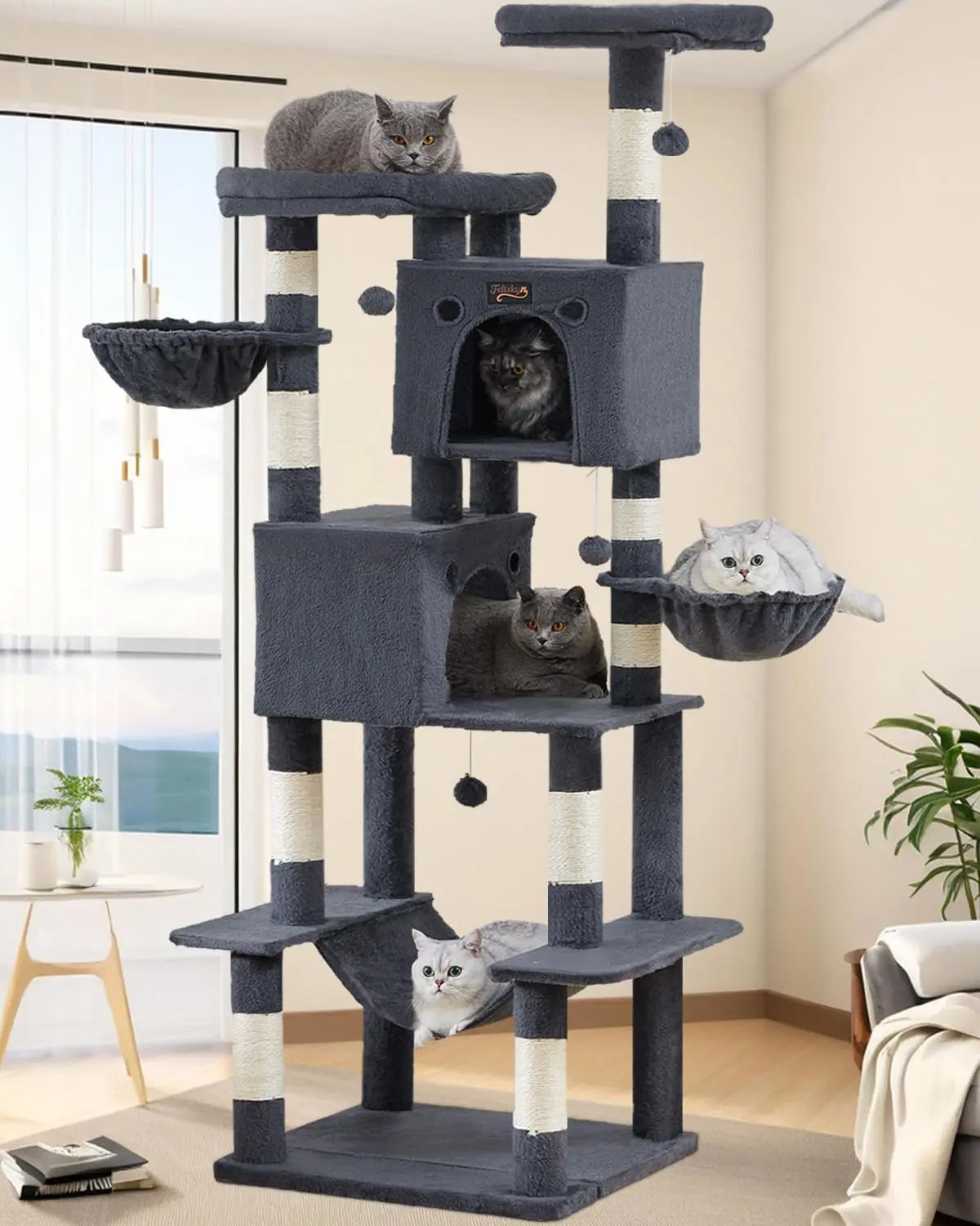 74.8" Cat Tree Tower for Indoor Cats, Multi-Level with Scratching Posts, Condo, Hammock, Bed, Dark Gray