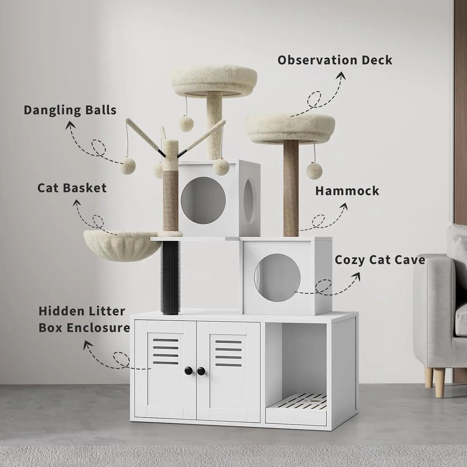 Litter Box Enclosure with Cat Tree Tower 2-in-1 Modern Hidden Pet Washroom Furniture with Condo Hammock Scratching Posts