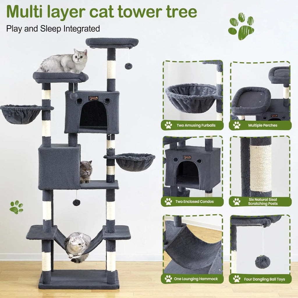 74.8" Cat Tree Tower for Indoor Cats, Multi-Level with Scratching Posts, Condo, Hammock, Bed, Dark Gray
