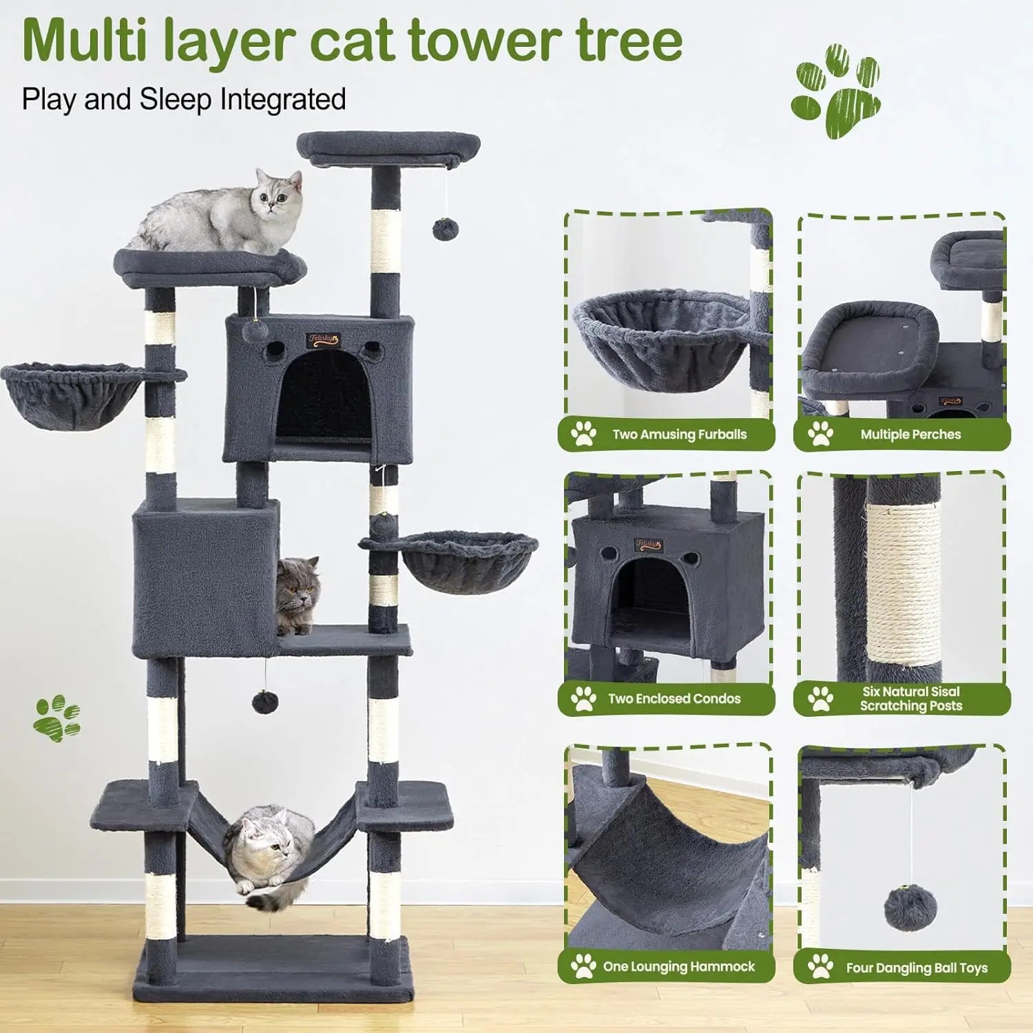 74.8" Cat Tree Tower for Indoor Cats, Multi-Level with Scratching Posts, Condo, Hammock, Bed, Dark Gray