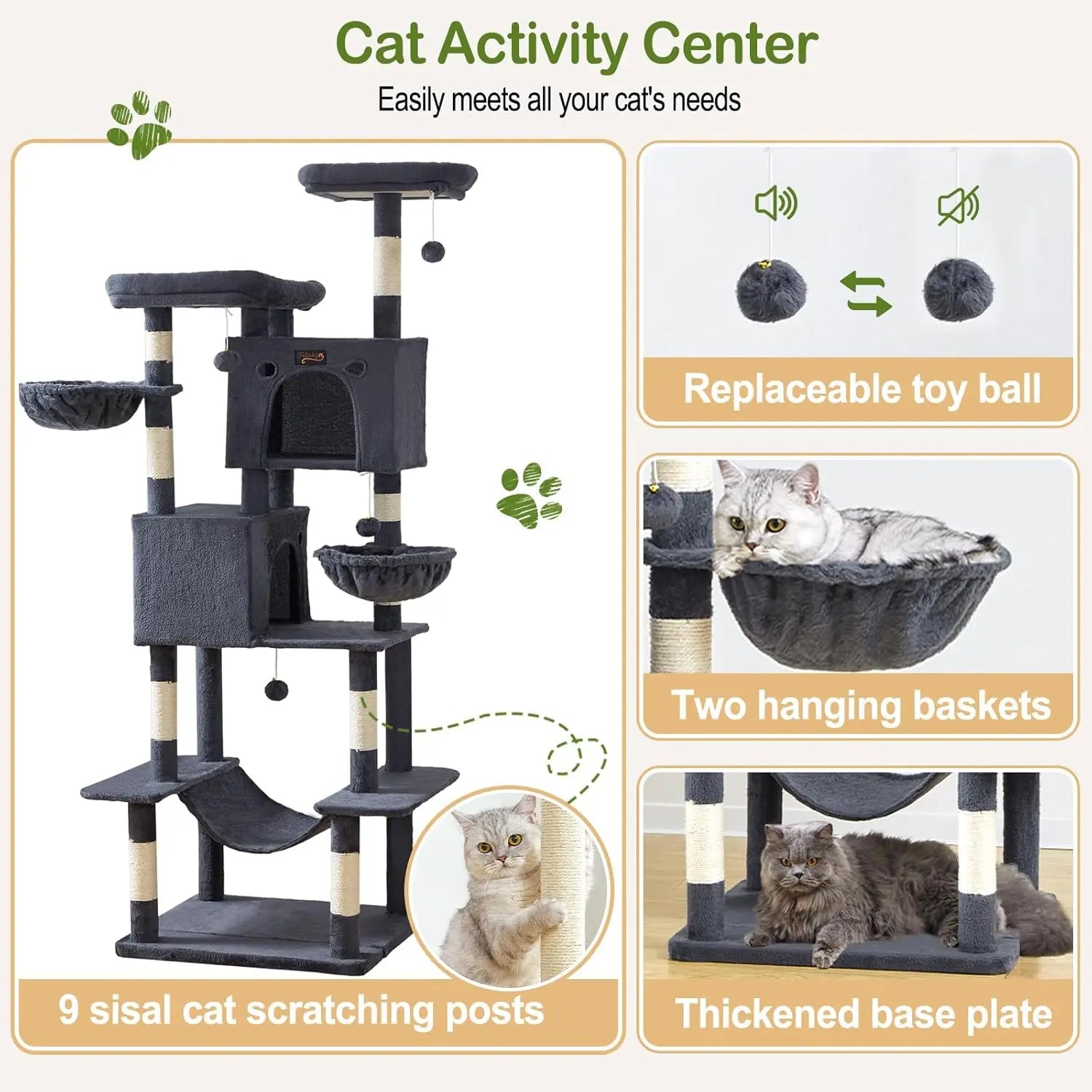 74.8" Cat Tree Tower for Indoor Cats, Multi-Level with Scratching Posts, Condo, Hammock, Bed, Dark Gray