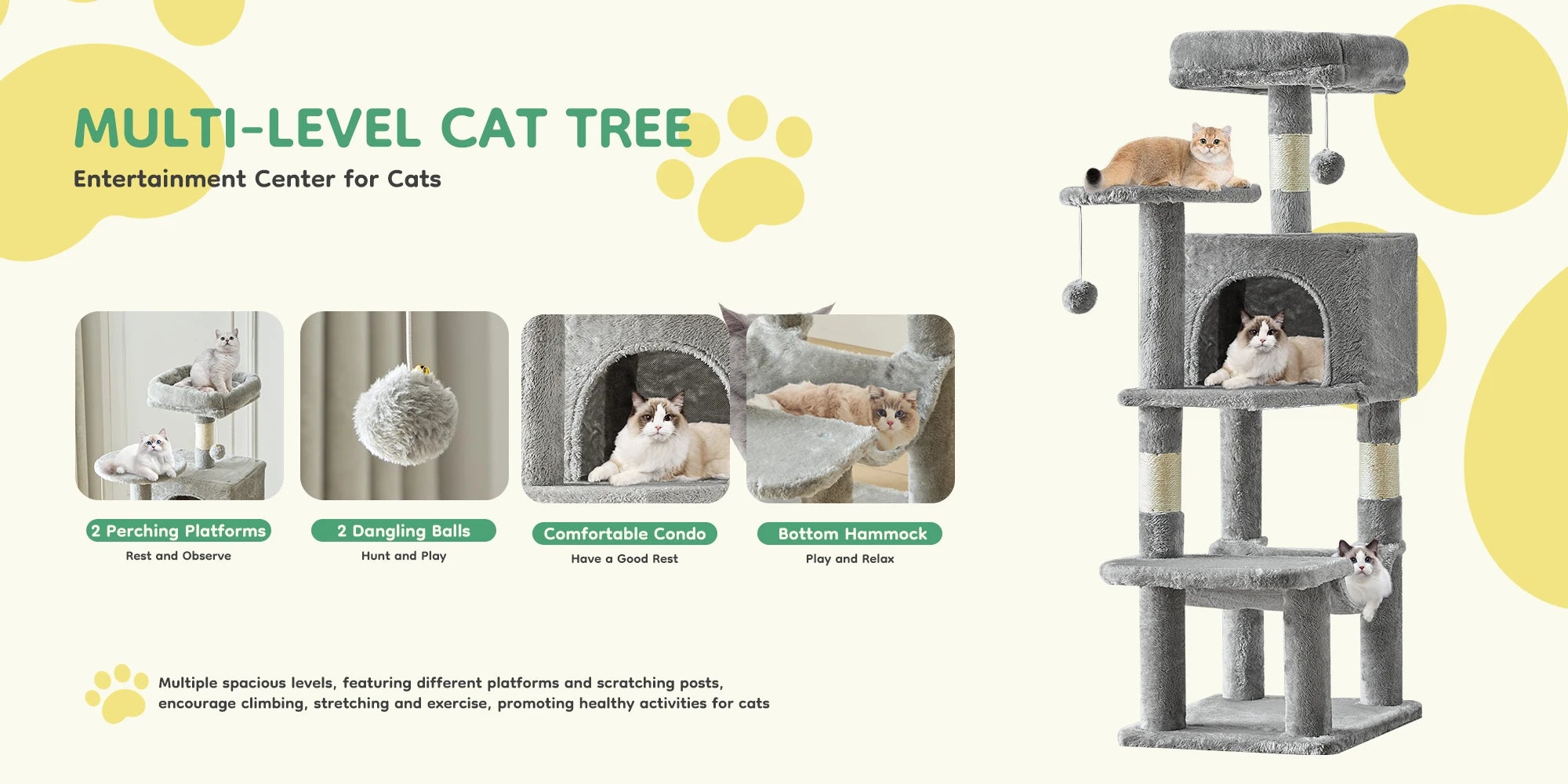 44in Cat Tree With Condo and Scratch Posts
