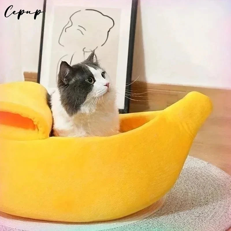 Banana shaped cat bed with lid