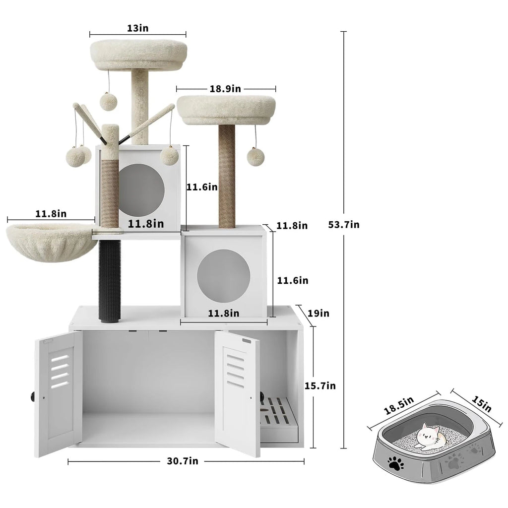 Litter Box Enclosure with Cat Tree Tower 2-in-1 Modern Hidden Pet Washroom Furniture with Condo Hammock Scratching Posts