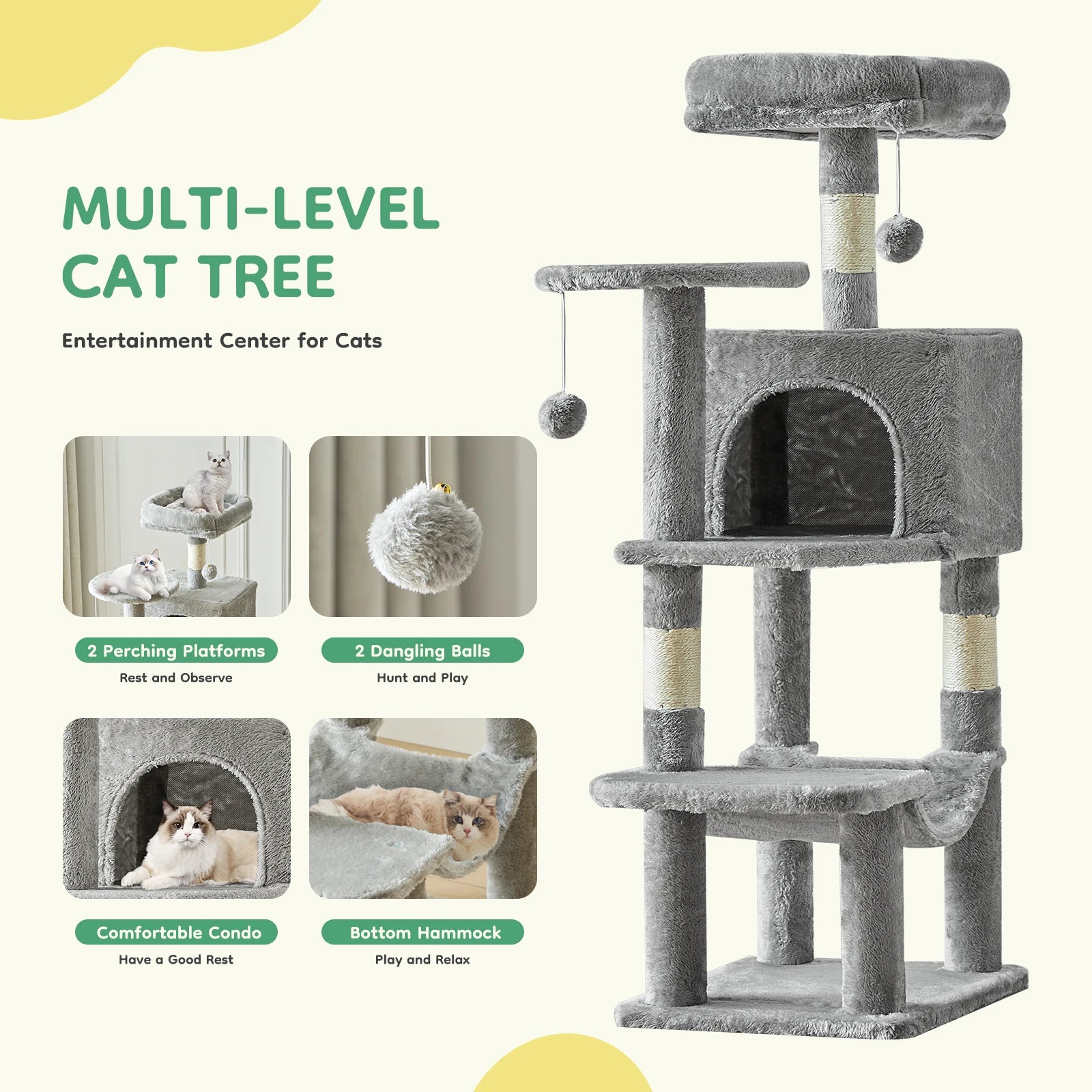 44in Cat Tree With Condo and Scratch Posts