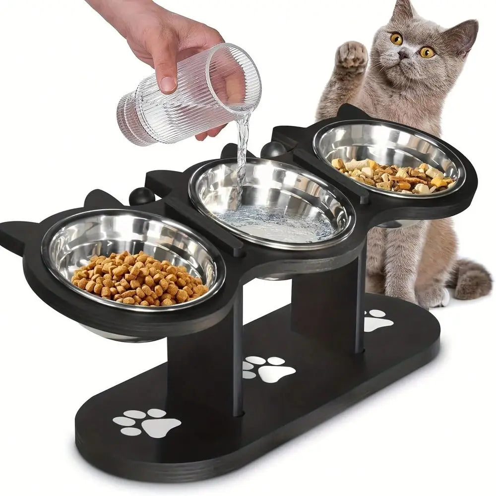 Tilted Elevated 3 Part Cat Bowl Stand With Stainless Steel Bowls