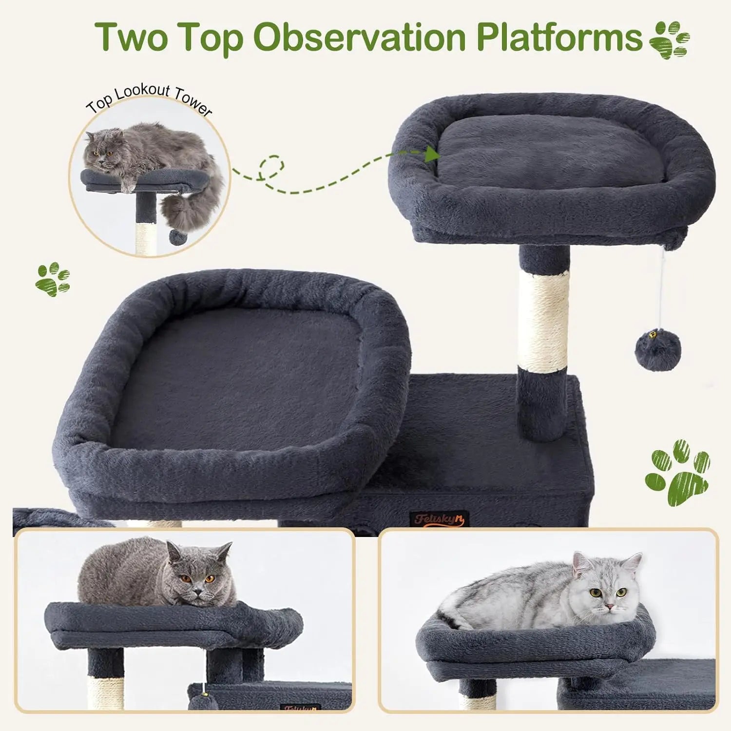 74.8" Cat Tree Tower for Indoor Cats, Multi-Level with Scratching Posts, Condo, Hammock, Bed, Dark Gray