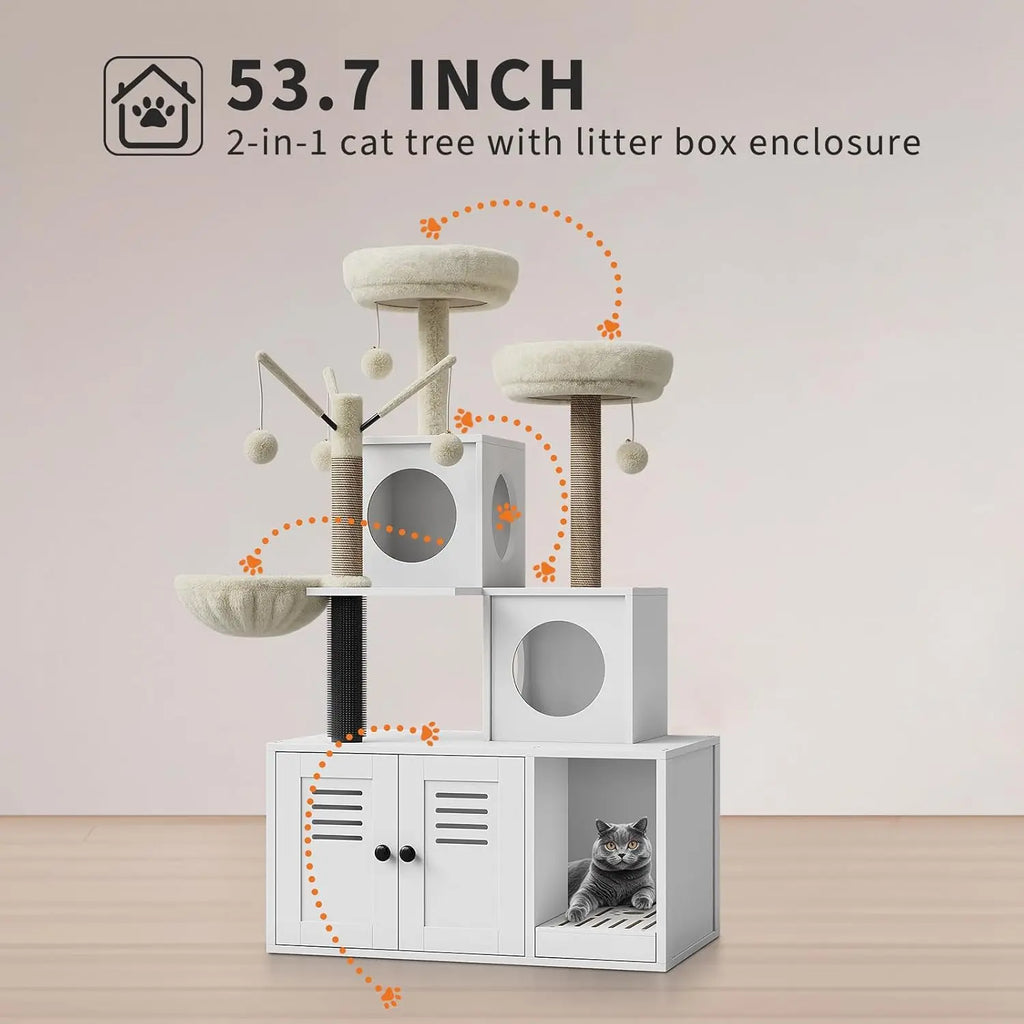 Litter Box Enclosure with Cat Tree Tower 2-in-1 Modern Hidden Pet Washroom Furniture with Condo Hammock Scratching Posts