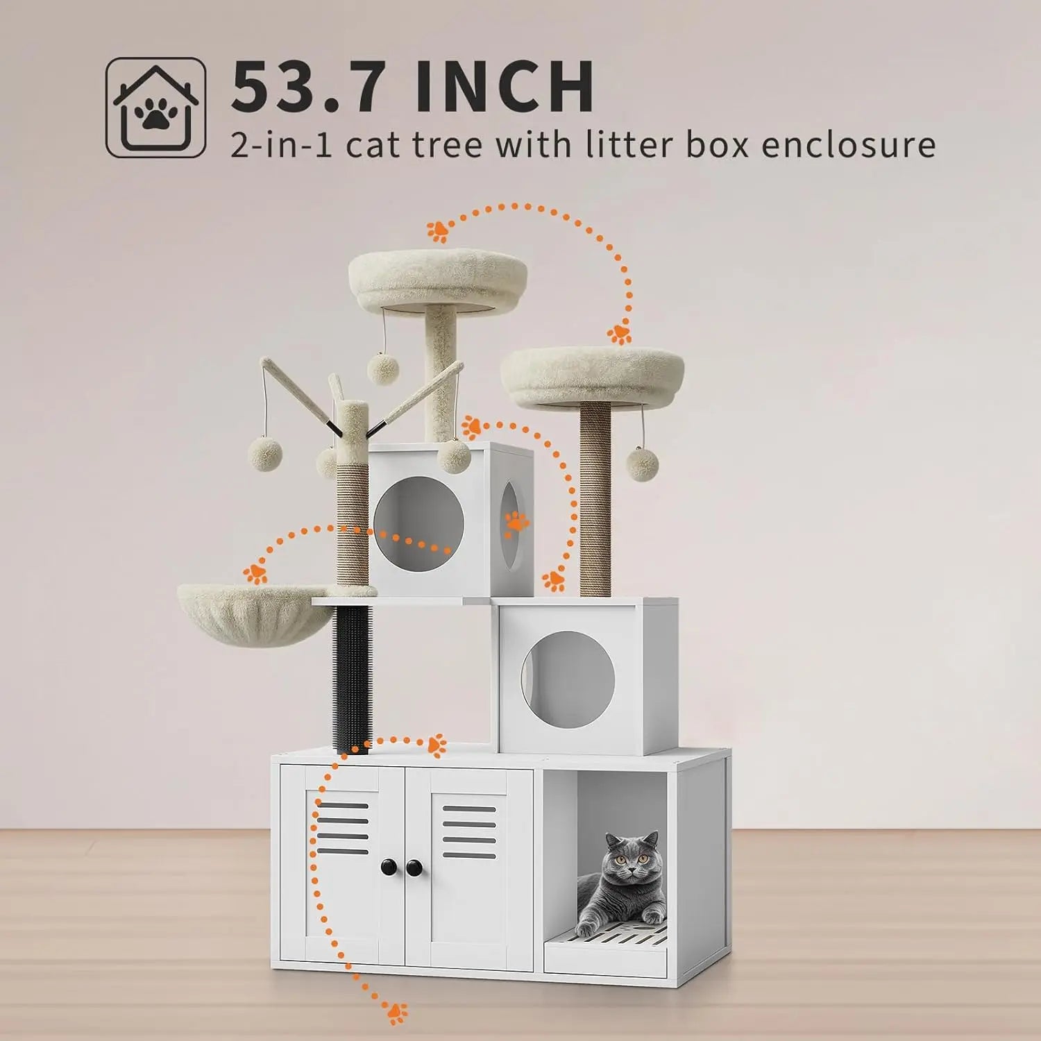 Litter Box Enclosure with Cat Tree Tower 2-in-1 Modern Hidden Pet Washroom Furniture with Condo Hammock Scratching Posts