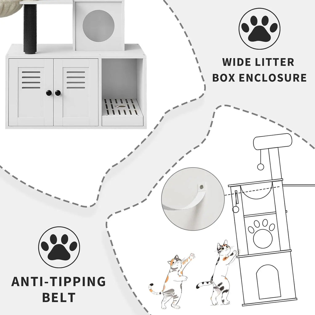 Litter Box Enclosure with Cat Tree Tower 2-in-1 Modern Hidden Pet Washroom Furniture with Condo Hammock Scratching Posts